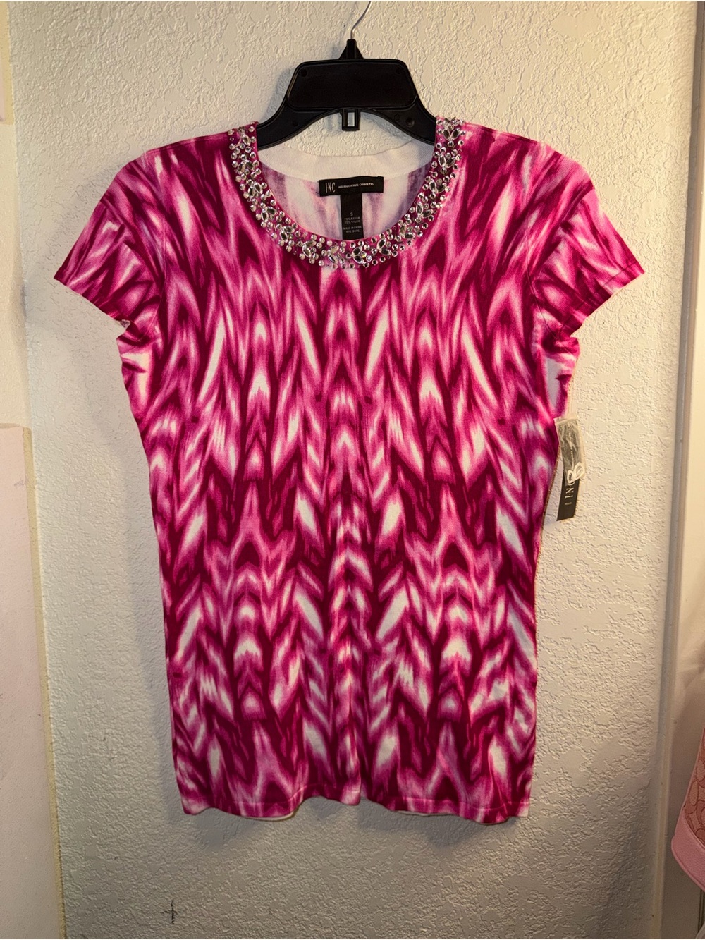 INC International Concepts Pink Patterned Embellished Neck Tee